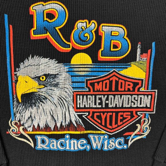 Vintage 80s Harley Davidson Rendezvous Waffle Thermal Longsleeve Black Biker - Picture 5 of 6